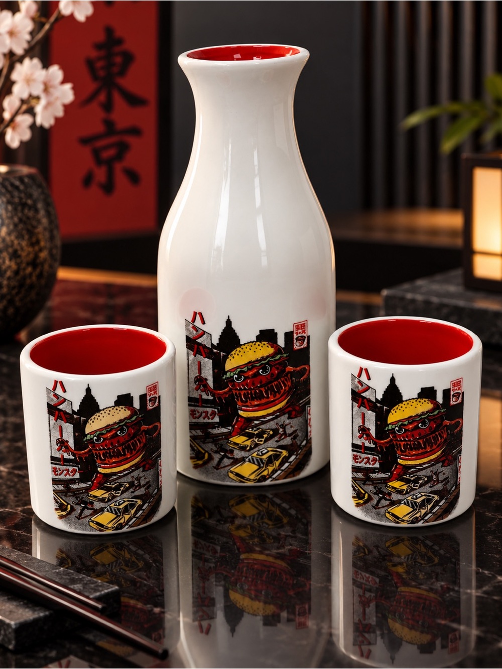 Ilustrata Burgerzilla Sake Set 14oz Bottle + 2 Ceramic Cups NWT